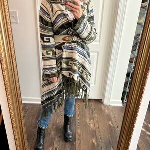 J Jill multicolored southwestern fringe open cardigan green blue

size large